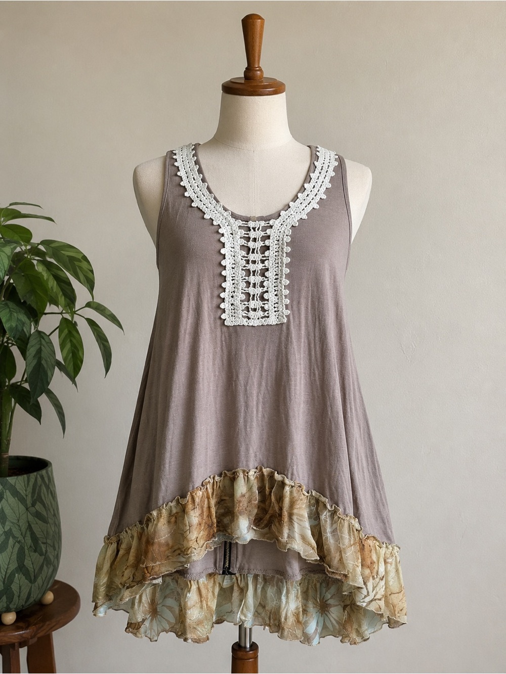 Scrapbook Taupe Tank with White Crochet Yoke & Floral Ruffle